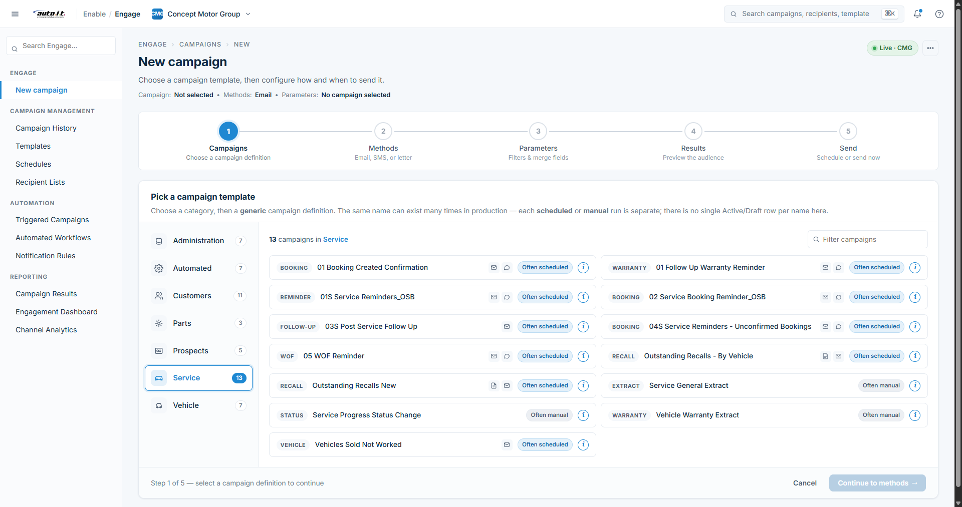 Screenshot of the Engage application — campaign template picker with categorised service campaigns